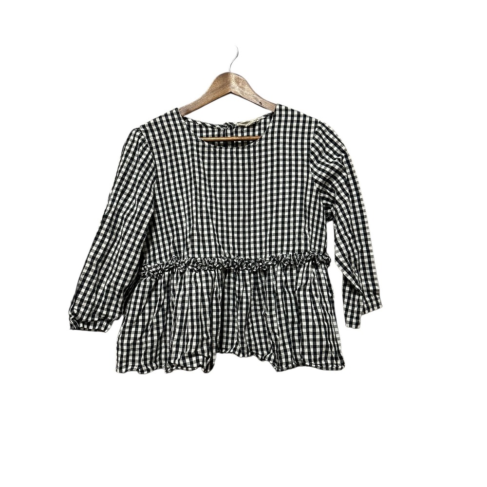 COVERSTITCHED Black White Gingham Ruffle Peplum Top Women's Size L‎